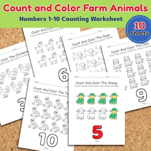May include: A collection of ten counting worksheets featuring farm animals. Each worksheet has a different animal, such as chickens, dogs, and sheep, with a corresponding number. The worksheets are designed for children to count and color.