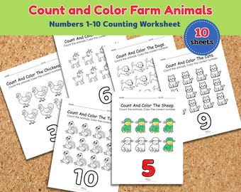 Bauernhoftiere zählen und ausmalen Arbeitsblatt - Vorschul-Mathe (PDF-Muster)