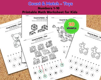 Zähle und kombiniere Spielzeuge Arbeitsblatt | Zahlen 1–10 | Ausdruckbare Mathe-Übung für Vorschule & Kindergarten