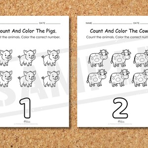 May include: Two educational worksheets on a corkboard. The first worksheet features six cartoon pigs and the number 1. The second worksheet displays six cows and the number 2. Both worksheets have the text "Count And Color" and instructions.