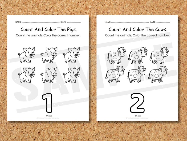 May include: Two educational worksheets on a corkboard. The first worksheet features six cartoon pigs and the number 1. The second worksheet displays six cows and the number 2. Both worksheets have the text "Count And Color" and instructions.