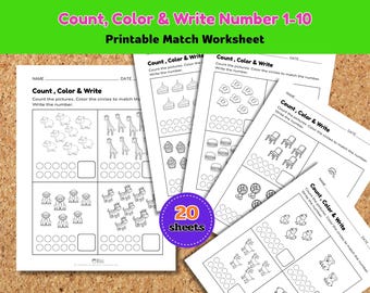 Zahlen 1-10 Arbeitsblatt - Zählen, Malen & Schreiben (druckbarer digitaler Download)