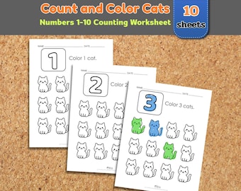 Counting Cats Worksheet | Count and Color Numbers 1–10 | Preschool Homeschool Math Printable