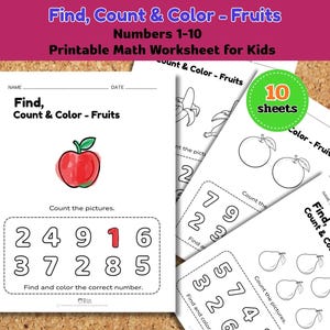 Könnte beinhalten: Druckbare Mathe-Arbeitsblätter für Kinder mit dem Titel "Finden, Zählen & Farbe - Früchte" mit den Zahlen 1-10. Das Arbeitsblatt zeigt eine Apfelillustration und Obstumrisse zum Zählen und Ausmalen. Enthält 10 Blätter.