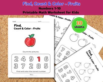 Obst zählen Arbeitsblatt | Zahlen 1-10, Mathematik für die Vorschule (Digitaler Download)