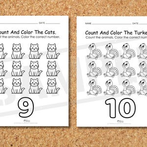 May include: Two educational worksheets on a corkboard. One worksheet features cartoon cats and the number 9, with the text "Count And Color The Cats." The other worksheet has cartoon turkeys and the number 10, with the text "Count And Color The Turkeys."