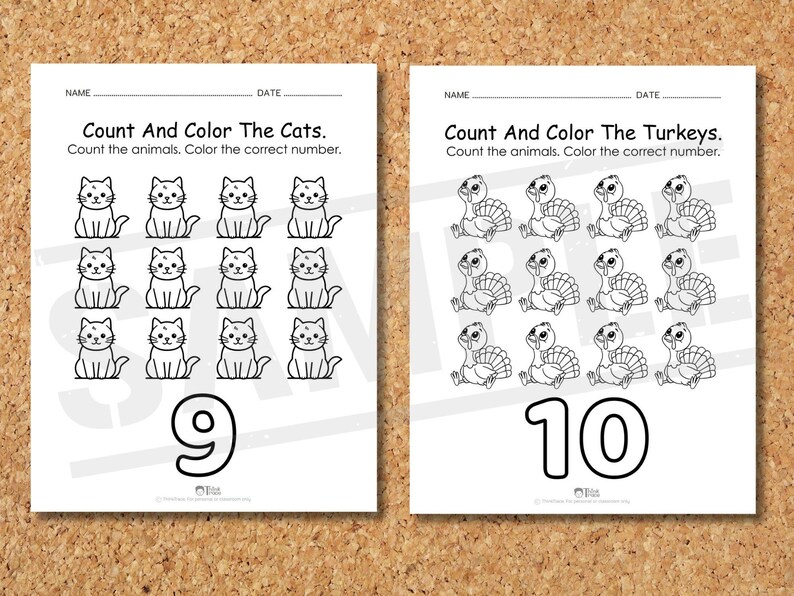 May include: Two educational worksheets on a corkboard. One worksheet features cartoon cats and the number 9, with the text "Count And Color The Cats." The other worksheet has cartoon turkeys and the number 10, with the text "Count And Color The Turkeys."