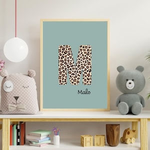 Affiche personnalisée lettre – Initiale léopard – Décoration chambre enfant et bébé – Poster prénom personnalisé – Cadeau naissance