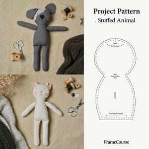 May include: A project pattern for making stuffed animals, showing a grey dog and a white cat plush toy. The image includes sewing supplies such as scissors and thread spools, plus a pattern outline. Text reads: Project Pattern Stuffed Animal.