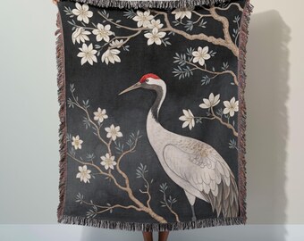 Crane Woven Cotton Blanket, Japanese Floral Art Throw