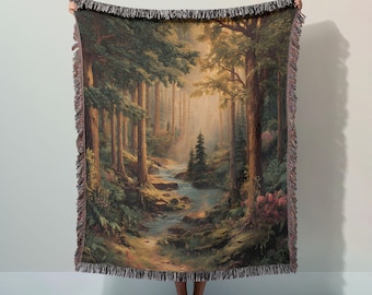 Enchanted Forest Woven Blanket – Cotton Woodland Tapestry Throw