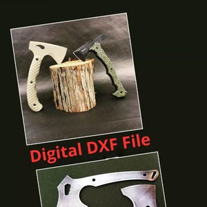 Op de afbeelding: De afbeelding toont twee bijlen met getextureerde handvatten, één crèmekleurig en de andere olijfgroen, rustend op een houten blok. Een digitaal DXF-bestand van een bijl wordt ook weergegeven, met de nadruk op het ontwerp.