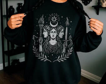 Hecate Goddess Sweatshirt Witchy | Spiritual Triple Moon Goddess Sweater | Divine Feminine Unisex Crewneck | Gothic Gift for Witches