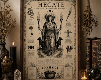May include: A framed print featuring an illustration of Hecate, the goddess of witchcraft and crossroads. The artwork is in black and white, with symbols like a snake, key, and dogs. The text reads "Hecate, Goddess of Crossroads & Witchcraft."