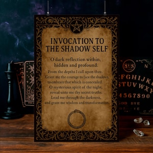 May include: A vintage-style poster with the text "INVOCATION TO THE SHADOW SELF" in ornate lettering. The poster features a pentagram, an ouroboros symbol, and decorative borders. The background is a parchment-like color.