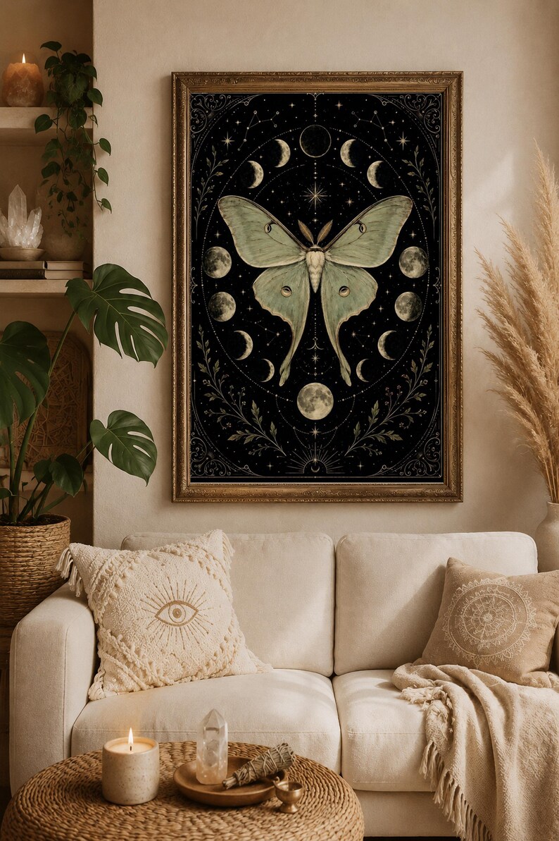 Luna Moth Moon Phases poster featuring a vintage celestial moth surrounded by lunar phases on a black background. Witchy wall art with botanical and mystical details, perfect for cottage witch decor, pagan altar spaces, gothic home decoration, moon lovers, Wiccan interiors, celestial aesthetic rooms, and nature-inspired spiritual gifts.