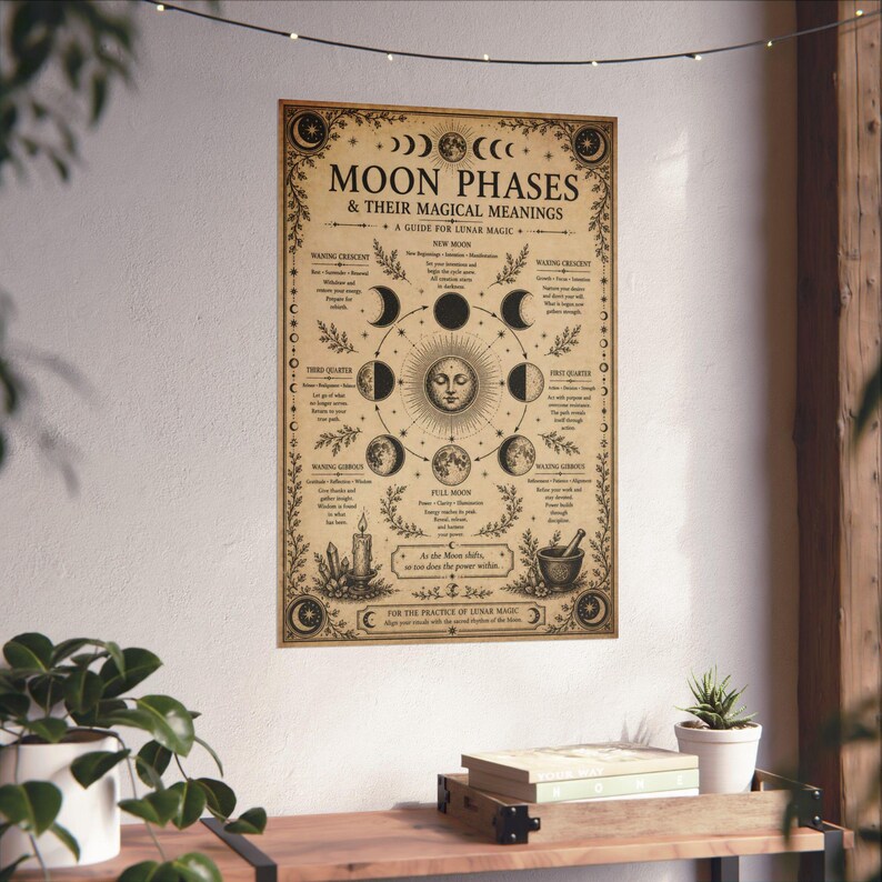 Moon phases poster featuring a vintage lunar chart with detailed waxing and waning moon cycles, designed in an antique engraving style on aged parchment background. This witchy wall art is perfect for astrology lovers, Wiccan decor, lunar magic guidance, and dark academia aesthetic home decoration.