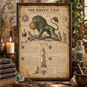 May include: A framed vintage-style poster titled The Green Lion, featuring an alchemical illustration of a green lion devouring the sun. The print includes detailed text sections on description, symbolism, associations, and interpretation with a central caduceus.