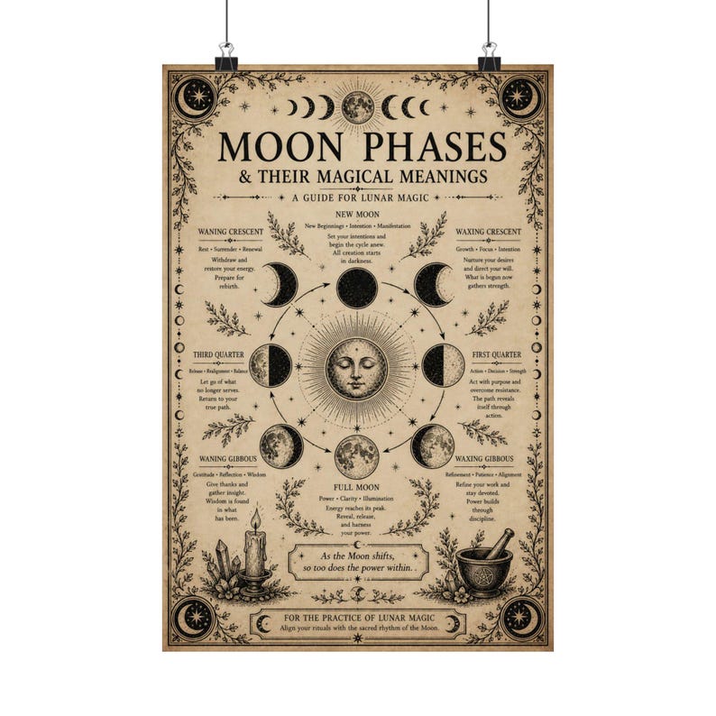 Moon phases poster featuring a vintage lunar chart with detailed waxing and waning moon cycles, designed in an antique engraving style on aged parchment background. This witchy wall art is perfect for astrology lovers, Wiccan decor, lunar magic guidance, and dark academia aesthetic home decoration.