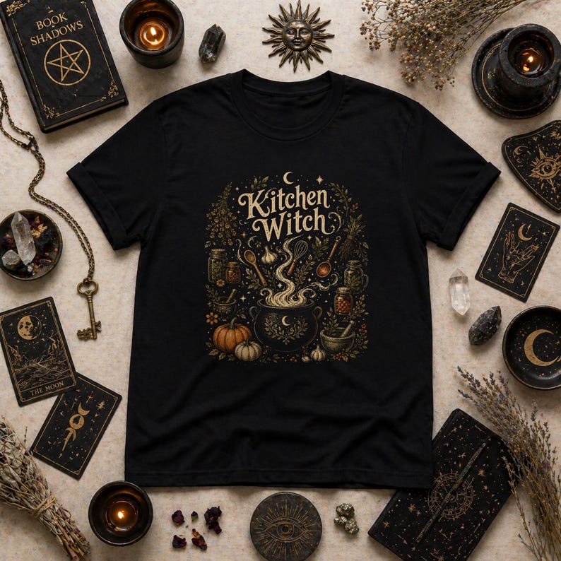 Kitchen Witch shirt featuring a vintage cottagecore folk magic design with herbal cauldron, mystical herbs, stars, and botanical details. Witchy unisex tee inspired by kitchen witchcraft, pagan spirituality, herbalism, and cozy mystical aesthetics. Perfect gift for witches, herbalists, cottagecore lovers, Wiccan fashion fans, and botanical magic enthusiasts.