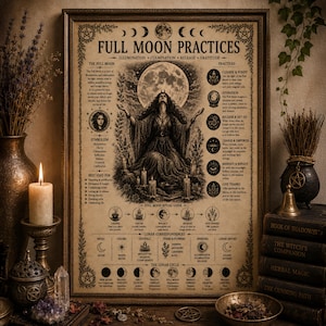 Può includere: Un poster incorniciato intitolato Full Moon Practices con un'illustrazione centrale di una figura sotto una luna piena, circondata da testo che descrive rituali lunari, corrispondenze e cicli in un'estetica vintage color seppia.