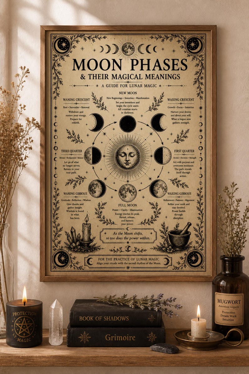 Moon phases poster featuring a vintage lunar chart with detailed waxing and waning moon cycles, designed in an antique engraving style on aged parchment background. This witchy wall art is perfect for astrology lovers, Wiccan decor, lunar magic guidance, and dark academia aesthetic home decoration.