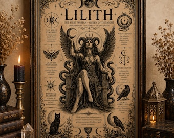 May include: A framed poster titled LILITH THE FIRST WOMAN QUEEN OF THE NIGHT featuring a central winged figure with horns sitting on a throne, surrounded by snakes, a cat, a raven, a skull, and various occult symbols with descriptive text.