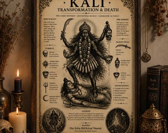 May include: A framed poster titled KALI TRANSFORMATION & DEATH featuring a detailed black and white illustration of the deity Kali standing on Shiva, surrounded by descriptive text, symbols, and a mantra on a vintage-style parchment background.