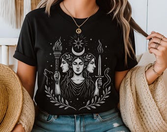 Hecate T-Shirt Triple Moon Goddess Design Witchy Gift Occult Tee | Gothic Pagan Symbol Shirt for Witches & Mystic Souls | Hekate Shirt