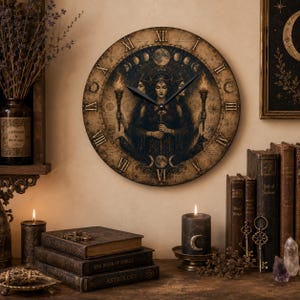 May include: A round wall clock featuring a central illustration of a three-faced figure holding torches, surrounded by a lunar cycle and Roman numerals. The clock face has a weathered, aged appearance with dark tones and intricate celestial details.