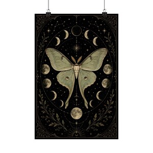 Luna Moth Moon Phases poster featuring a vintage celestial moth surrounded by lunar phases on a black background. Witchy wall art with botanical and mystical details, perfect for cottage witch decor, pagan altar spaces, gothic home decoration, moon lovers, Wiccan interiors, celestial aesthetic rooms, and nature-inspired spiritual gifts.