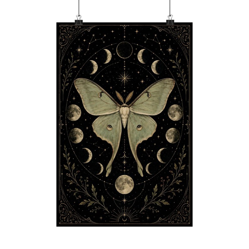 Luna Moth Moon Phases poster featuring a vintage celestial moth surrounded by lunar phases on a black background. Witchy wall art with botanical and mystical details, perfect for cottage witch decor, pagan altar spaces, gothic home decoration, moon lovers, Wiccan interiors, celestial aesthetic rooms, and nature-inspired spiritual gifts.