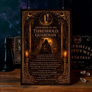 Pode incluir: Um cartaz decorativo com o texto "Invocation to the Threshold Guardian" em letras douradas. A imagem apresenta uma figura vestida com uma túnica numa porta, ladeada por velas acesas. O cartaz tem bordas ornamentadas e um tema escuro e místico.