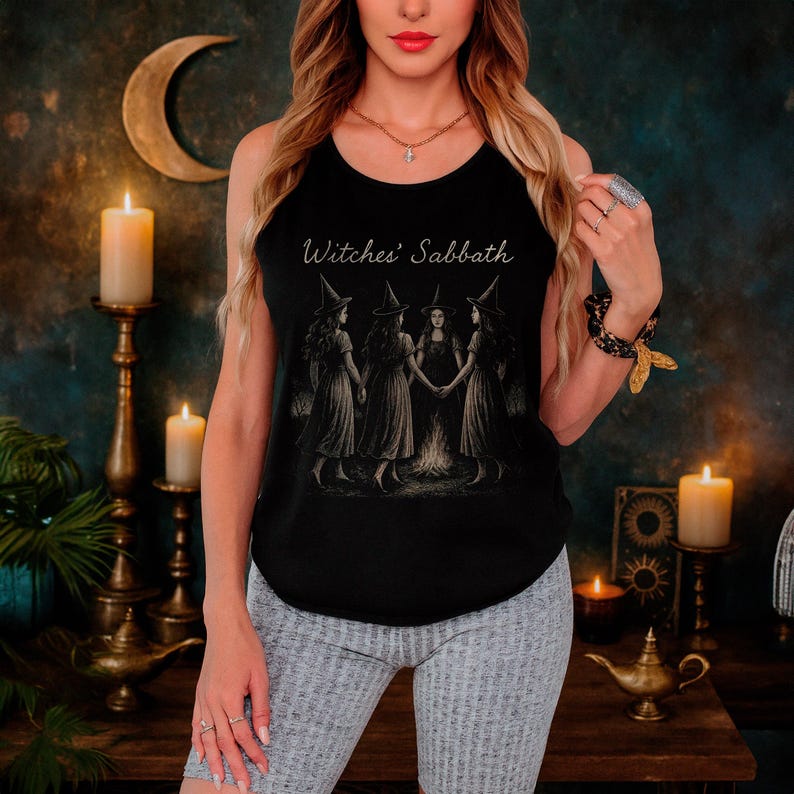 Witchy tank top inspired by the Witches’ Sabbath, perfect for pagans and Wiccans. A gothic, dark feminine design ideal as an occult or witchcraft gift, printed on a soft Comfort Colors top.