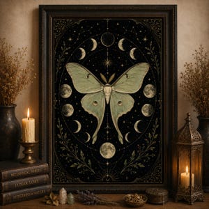 Luna Moth Moon Phases poster featuring a vintage celestial moth surrounded by lunar phases on a black background. Witchy wall art with botanical and mystical details, perfect for cottage witch decor, pagan altar spaces, gothic home decoration, moon lovers, Wiccan interiors, celestial aesthetic rooms, and nature-inspired spiritual gifts.