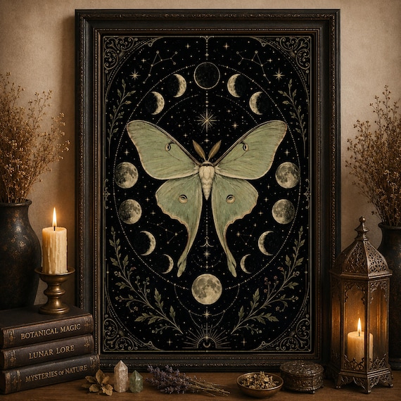 Luna Moth Moon Phases Poster: Witchy Wall Art | Lunar Magic Decor | Celestial Moth Print | Cottage Witch Botanical Artwork Gift