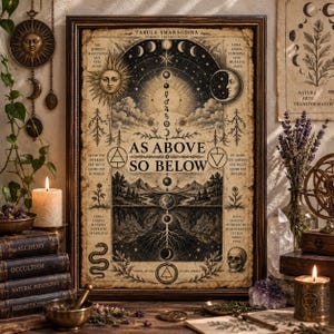 Peut inclure: Une affiche murale encadrée portant le texte AS ABOVE SO BELOW, entourée d'illustrations célestes, botaniques et occultes incluant un soleil, une lune, des montagnes, un crâne et un serpent sur un fond parcheminé de style vintage à l'encre sombre.