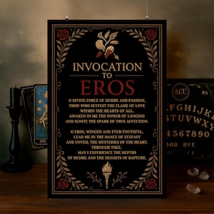 May include: Black poster with the text "Invocation to Eros" in gold lettering, surrounded by floral and leaf designs. The poster includes additional text, a torch illustration, and is displayed with tarot cards and a Ouija board.