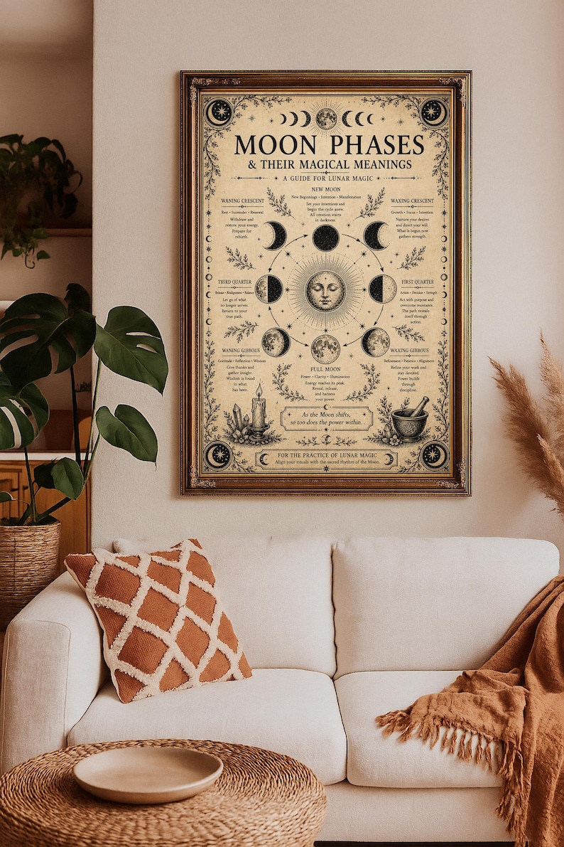 Moon phases poster featuring a vintage lunar chart with detailed waxing and waning moon cycles, designed in an antique engraving style on aged parchment background. This witchy wall art is perfect for astrology lovers, Wiccan decor, lunar magic guidance, and dark academia aesthetic home decoration.