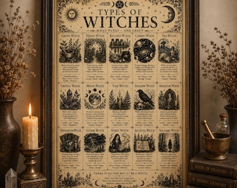 May include: A framed poster titled Types of Witches featuring fifteen illustrated categories including Green, Kitchen, and Sea Witch. The print displays detailed black ink drawings on a beige background with text describing various paths and crafts.