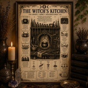 Puede incluir: Un póster enmarcado de estilo vintage titulado The Witch's Kitchen, con ilustraciones detalladas en tinta negra de un hogar, caldero, mortero y hierbas. El texto proporciona descripciones sobre magia doméstica, elementos de cocina y correspondencias planetarias.