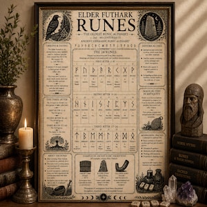 Puede incluir: Un póster rectangular titulado Elder Futhark Runes, que muestra las 24 runas germánicas antiguas organizadas en tres grupos. El fondo beige incluye texto negro e ilustraciones de un cuervo, una piedra, un árbol y artefactos históricos.
