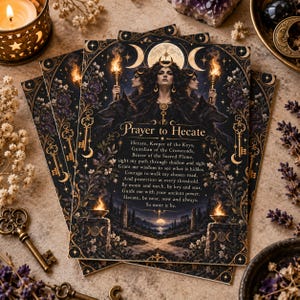 May include: A rectangular card featuring an illustration of Hecate with three faces, holding torches, flanked by black dogs. The text reads Prayer to Hecate, followed by a poem. The design includes gold keys, moon phases, and floral motifs on a dark background.