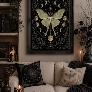 Luna Moth Moon Phases poster featuring a vintage celestial moth surrounded by lunar phases on a black background. Witchy wall art with botanical and mystical details, perfect for cottage witch decor, pagan altar spaces, gothic home decoration, moon lovers, Wiccan interiors, celestial aesthetic rooms, and nature-inspired spiritual gifts.