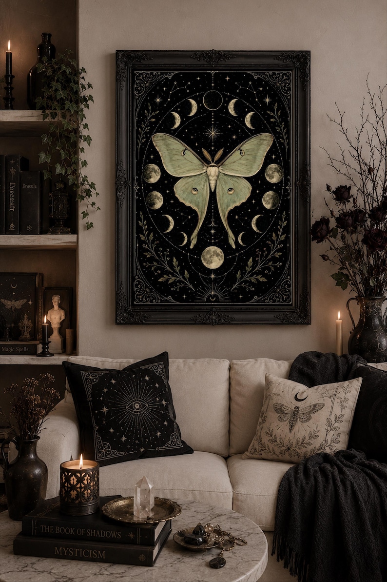 Luna Moth Moon Phases poster featuring a vintage celestial moth surrounded by lunar phases on a black background. Witchy wall art with botanical and mystical details, perfect for cottage witch decor, pagan altar spaces, gothic home decoration, moon lovers, Wiccan interiors, celestial aesthetic rooms, and nature-inspired spiritual gifts.