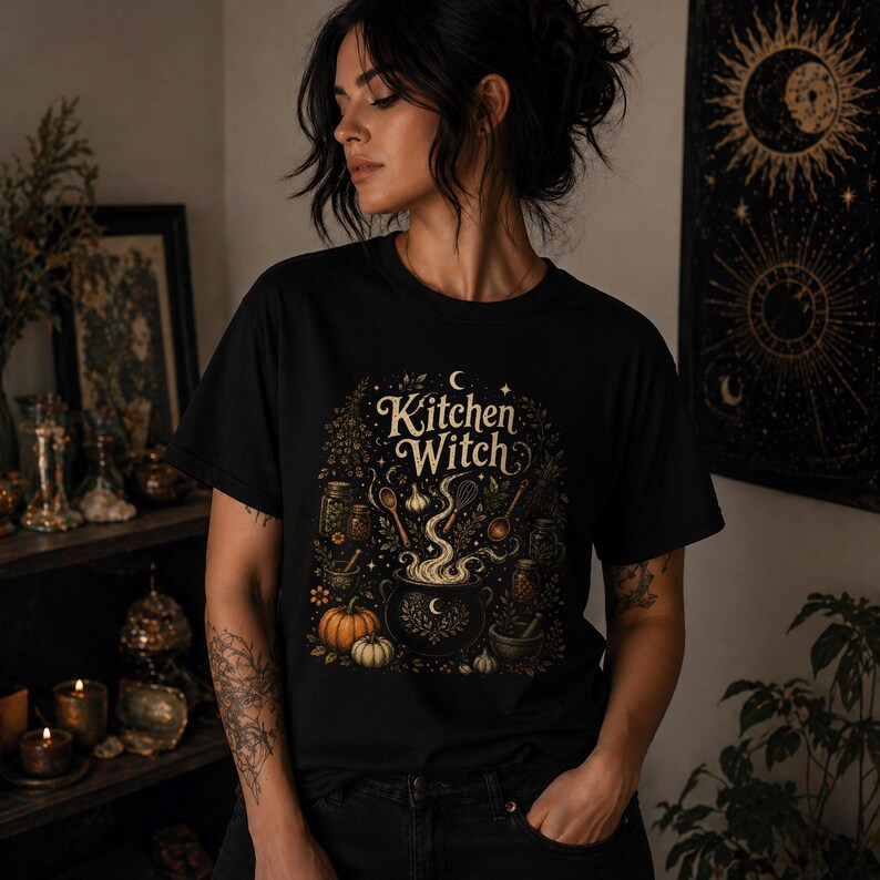Kitchen Witch shirt featuring a vintage cottagecore folk magic design with herbal cauldron, mystical herbs, stars, and botanical details. Witchy unisex tee inspired by kitchen witchcraft, pagan spirituality, herbalism, and cozy mystical aesthetics. Perfect gift for witches, herbalists, cottagecore lovers, Wiccan fashion fans, and botanical magic enthusiasts.
