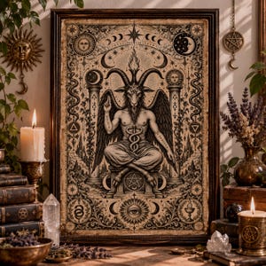 May include: A framed rectangular print featuring a central Baphomet figure with horns, wings, and a caduceus, surrounded by celestial symbols, pillars, and the text SOLVE and COAGULA, rendered in a detailed black and white ink illustration style.