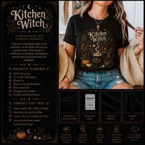 Kitchen Witch shirt featuring a vintage cottagecore folk magic design with herbal cauldron, mystical herbs, stars, and botanical details. Witchy unisex tee inspired by kitchen witchcraft, pagan spirituality, herbalism, and cozy mystical aesthetics. Perfect gift for witches, herbalists, cottagecore lovers, Wiccan fashion fans, and botanical magic enthusiasts.
