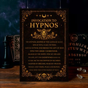 Op de afbeelding: Een donkere poster met gouden sierlijke randen en tekst. De titel luidt "Invocation to Hypnos" boven een gedicht. Een gevleugeld gezicht is gecentreerd onder de titel. De achtergrond is donkerbruin. De poster staat op een houten oppervlak.