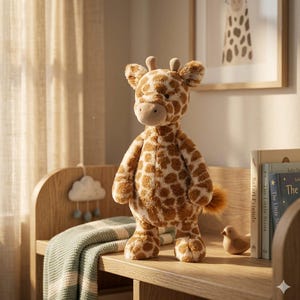 May include: A plush giraffe toy with a brown and cream spotted pattern. The stuffed animal has a soft, cuddly appearance, with small ears and a fluffy tail. It stands on a wooden surface, next to books and a decorative bird.